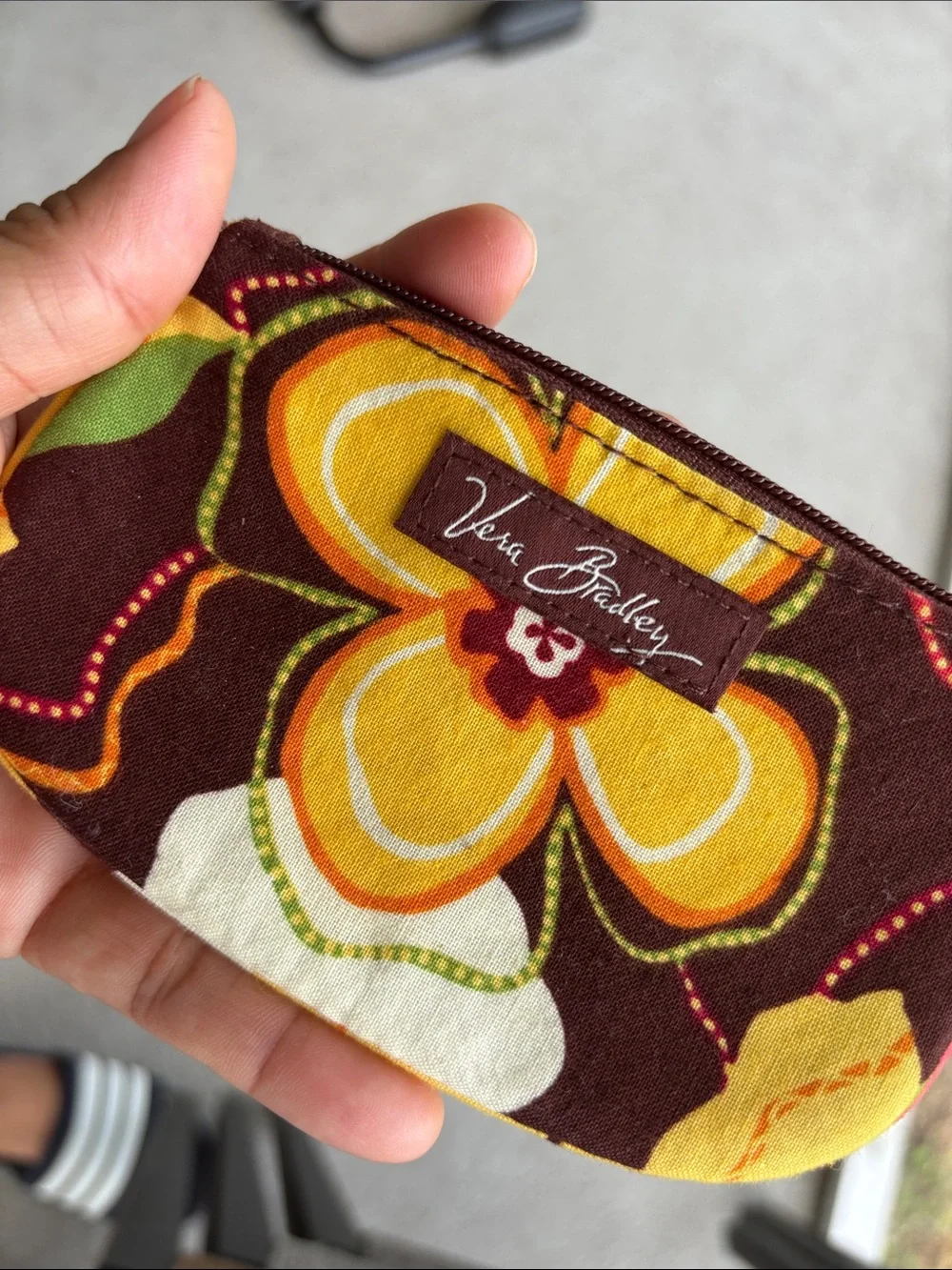 Vera Bradley Brown Floral Quilted Wristlet Keychain with Yellow Orange Accents - Picture 2 of 9